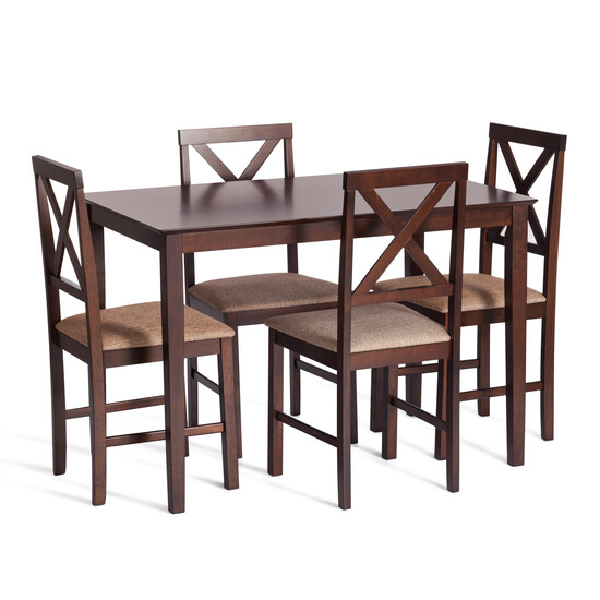 Обеденный комплект эконом «Hudson Dining Set» (стол + 4 стула) (cappuccino (темный орех), ткань кор.-золотая)