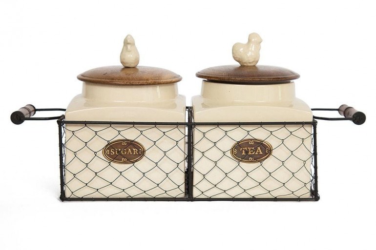 Керамические банки в металлической корзине для храненения чая и сахара Secret De Maison Chateau (С-1984) (Натуральный)