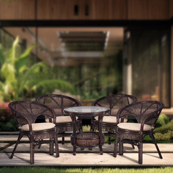 Комплект "PELANGI"  02/15 ( стол со стеклом + 4 кресла ) [с подушками] ротанг, кресло 65х65х77см, стол диаметр 64х61см, walnut (грецкий орех) фото № 11