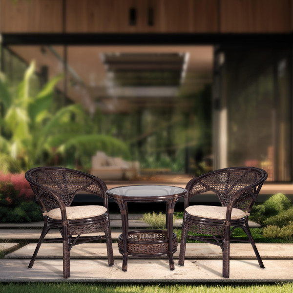 ТЕРРАСНЫЙ КОМПЛЕКТ "PELANGI" (стол со стеклом + 2 кресла) / с подушками / ротанг, кресло 65х65х77см, стол диаметр 64х61см, walnut (грецкий орех) фото № 11