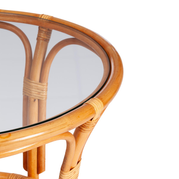 ТЕРРАСНЫЙ КОМПЛЕКТ "PELANGI" (стол со стеклом + 2 кресла) / с подушками / ротанг, кресло 65х65х77см, стол диаметр 64х61см, Honey (мед) фото № 3