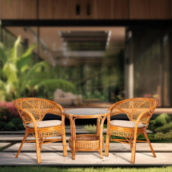 ТЕРРАСНЫЙ КОМПЛЕКТ "PELANGI" (стол со стеклом + 2 кресла) / с подушками / ротанг, кресло 65х65х77см, стол диаметр 64х61см, Honey (мед) фото № 11