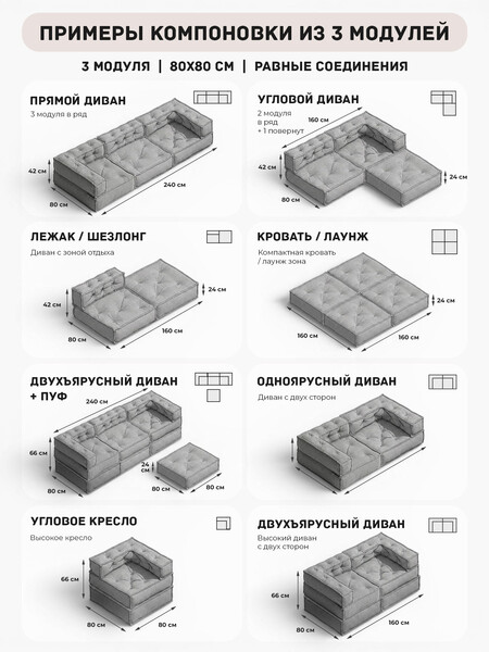 Модуль мягкий прямой Miracle/Миракл велюр/букле, vt шейп серый, 80х80х42см фото № 17